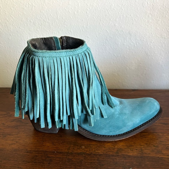 Independent Boot Co Teal Suede Fringe Cowgirl Rock Ankle Boots Women’s 7 - Picture 5 of 9